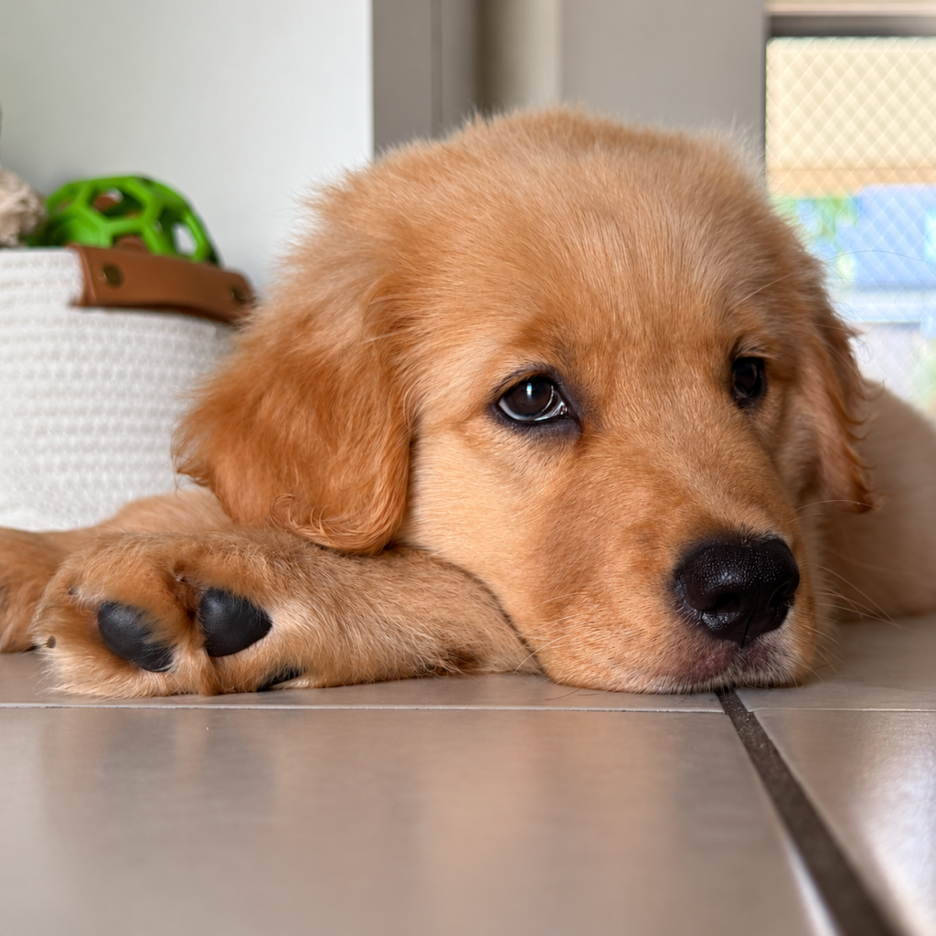 Juno, a Golden Retriever puppy, resting her head on her paws indoors.
