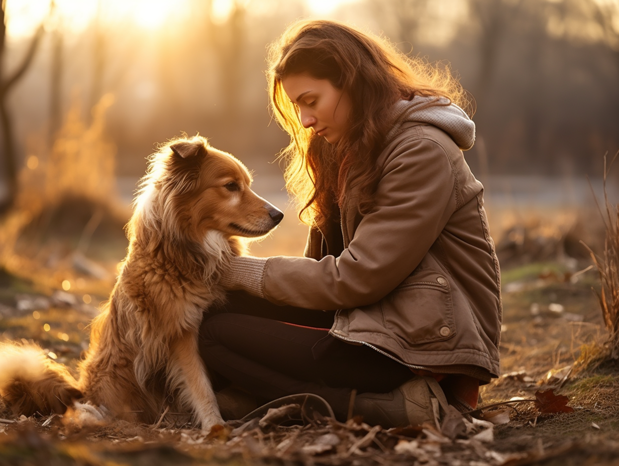 Woman kneeling beside a dog in autumn woodland