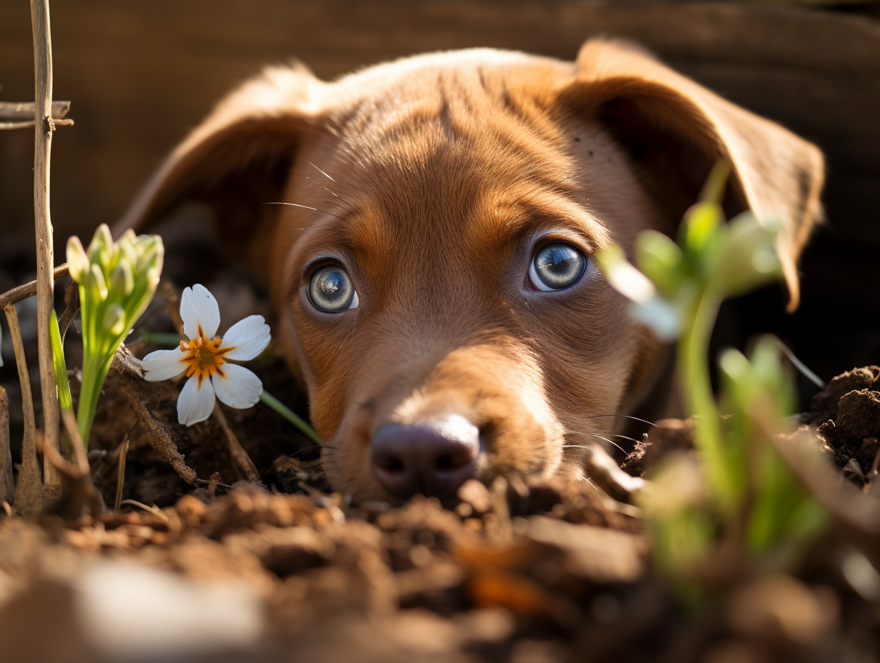 Brown puppy peering through garden flowers