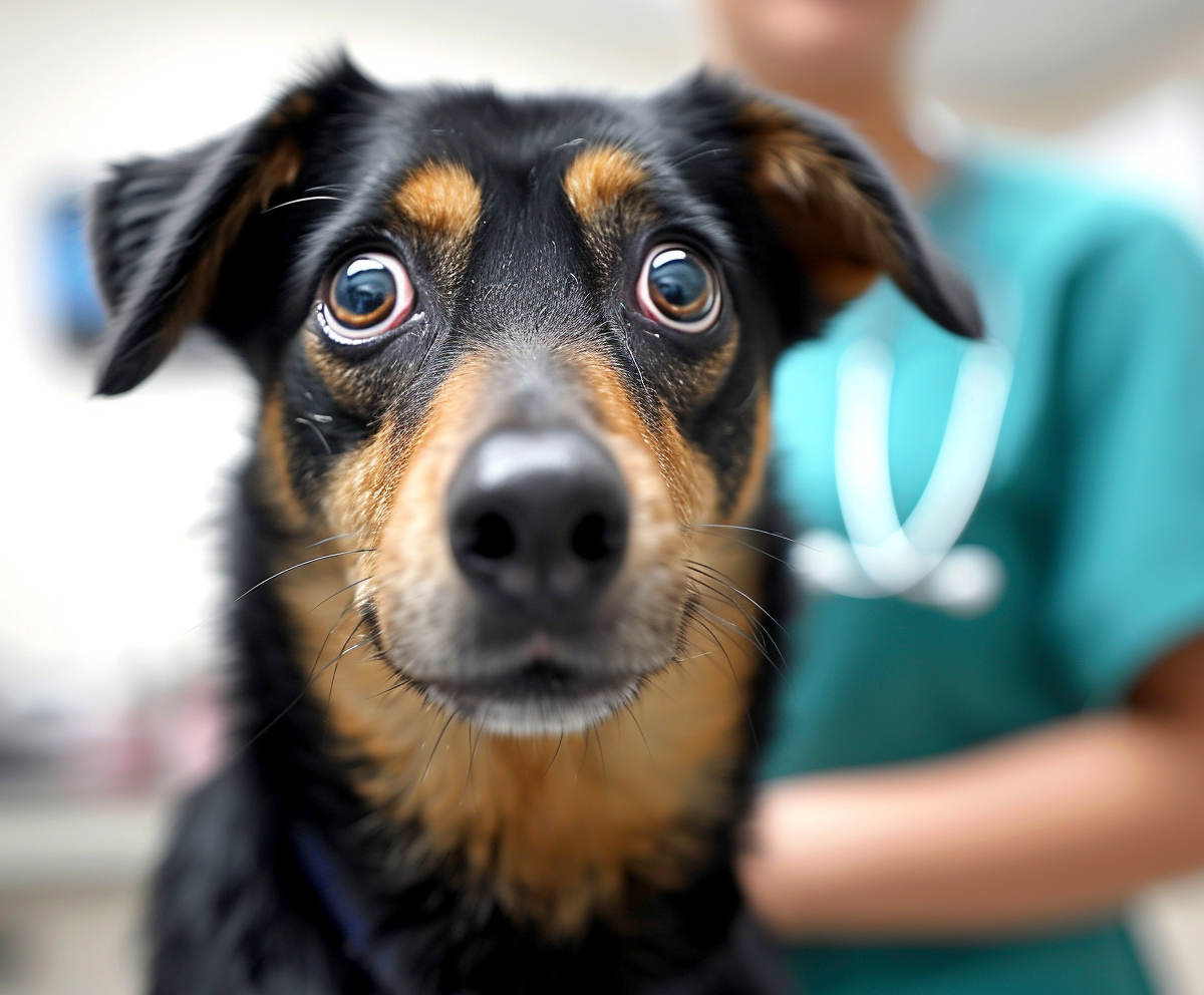 Dog at a veterinary clinic with a vet in the background