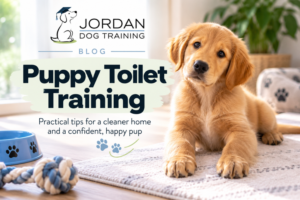 Golden retriever puppy beside the title Puppy Toilet Training in a Jordan Dog Training blog banner