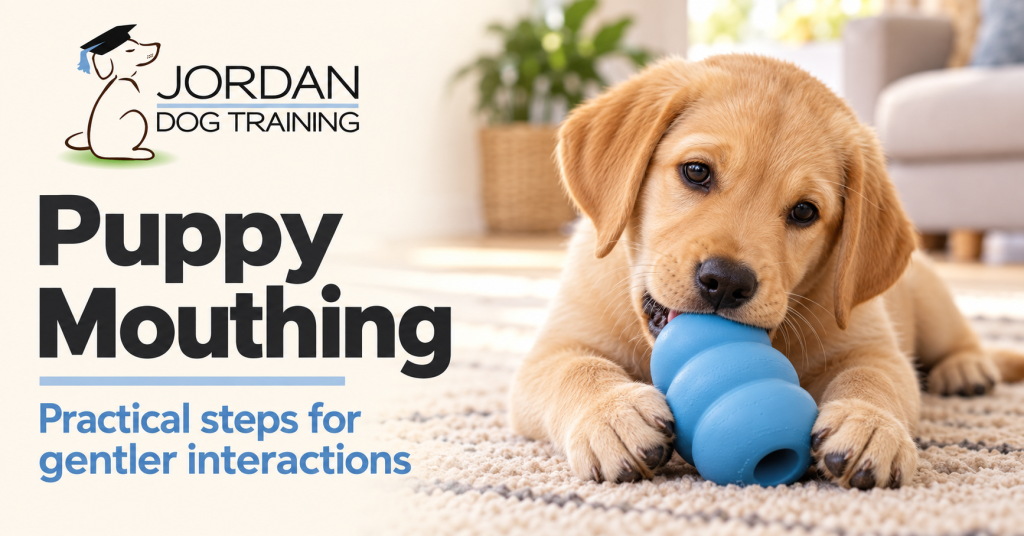 Puppy chewing a blue toy beside Jordan Dog Training’s puppy mouthing guide title.