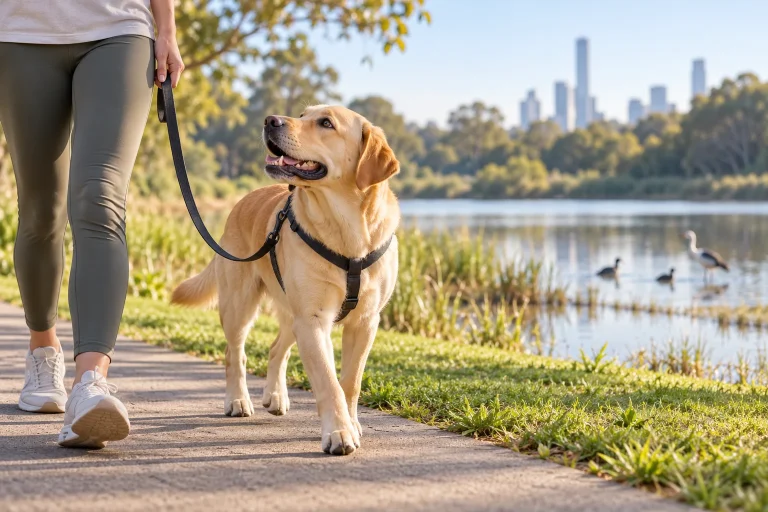 Golden retriever on a lead beside a Brisbane waterway, illustrating safe walks around bird habitats