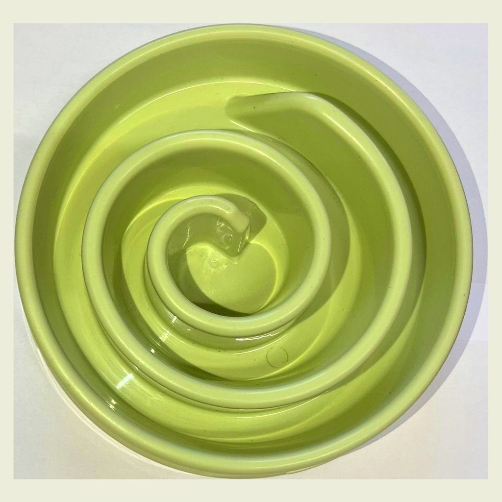 Green slow feeder dog bowl with a spiral channel viewed from above